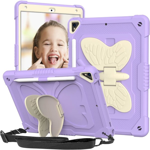 Case iPadille 9th/8th/7th Generation Case, jossa on kynäpidike jalusta olkahihnalla, Butterfly iPad 10,2 tuuman case 2021/2020/2019 Kid Girlille