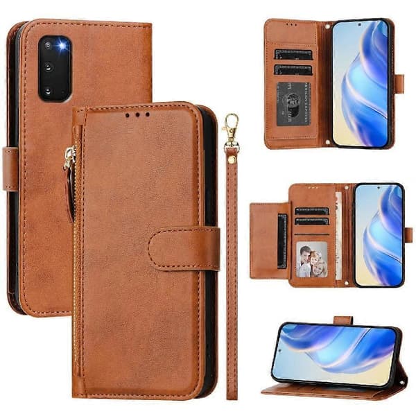 Flip-etui til Samsung Galaxy S20 Plus 5g kortholder PU-læder magnetisk lynlåsbrun