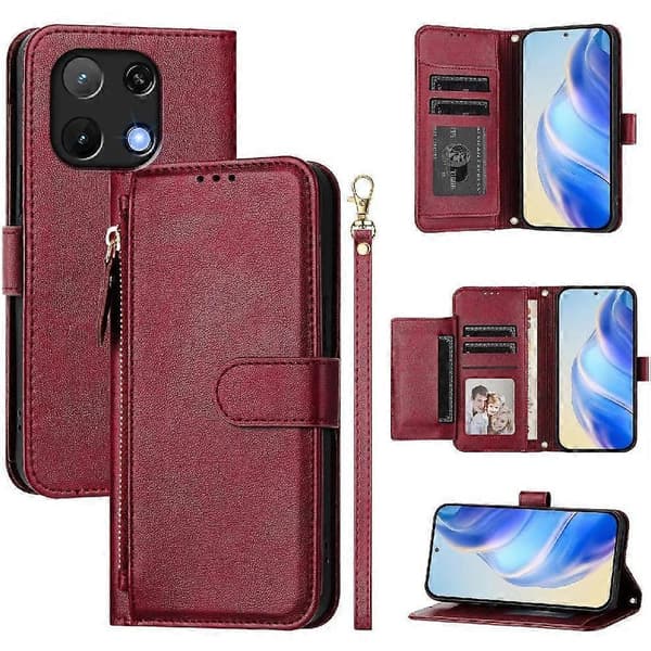 Flip-etui til UMIDIGI Note 90 PU-læder magnetisk lynlås kortholder rød