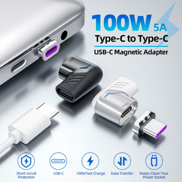 Magnetisk USB C-adapter (2 pakke) Type C-kontakt rettvinklet