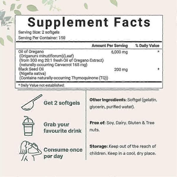 Oreganoöljy Mustakuminaöljy 6000mg Ravintogeelit ja -purutabletit 180 kpl A