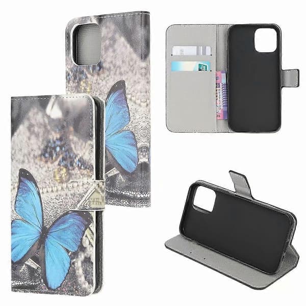 Fodral för iPhone 13 Pro Blå Fjäril Målad Läder Kortplats Plånbok Tryck Nr 10868 A