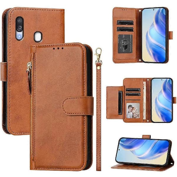 Flip-etui til Samsung Galaxy A40 kortholder PU-læder magnetisk lynlås brun
