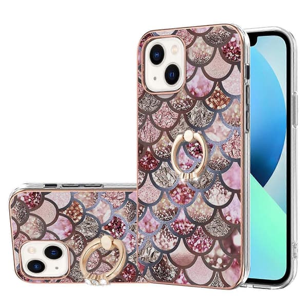 Til iPhone 14 Galvaniseringsmønster IMD TPU Stødsikkert Cover med Rhinestone Ringholder
