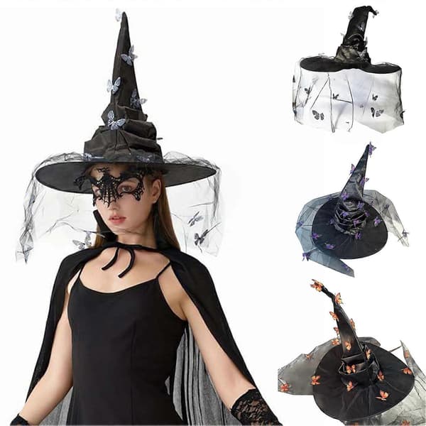 Heksehatt med nettinggarn og sommerfugldesign til Halloween A