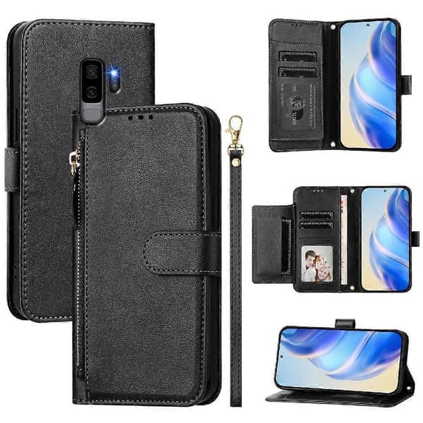 Flip-etui til Samsung Galaxy S9 Plus kortholder PU-læder magnetisk lynlås sort