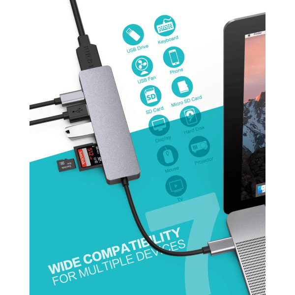 USB C Hub 6-i-1 Type C Hub med 100 W PD strømforsyning, 4K UHD