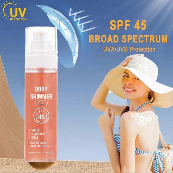 SPF 45 Shimmer Sololie til kroppen med rosaguldglød, vandfast kokosfugt til kroppen A
