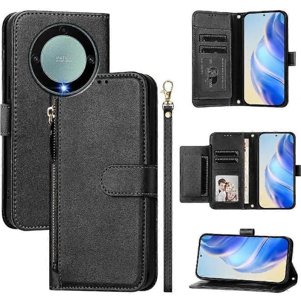 Flip-etui til Honor Magic 5 Lite lynlås kortholder PU-læder magnetisk sort