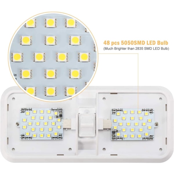 12 V LED-innerbelysning husbilsinnertak 12V 6W LED naturligt vitt ljus dubbelt ljus med strömbrytare för husbil husvagn båt 2-pack