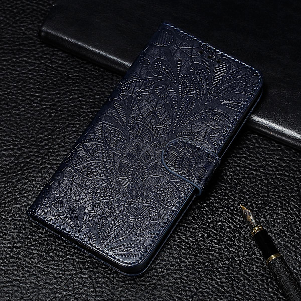 För Xiaomi Redmi Note 10 Pro Spetsblomma Läderfodral Mörkblå