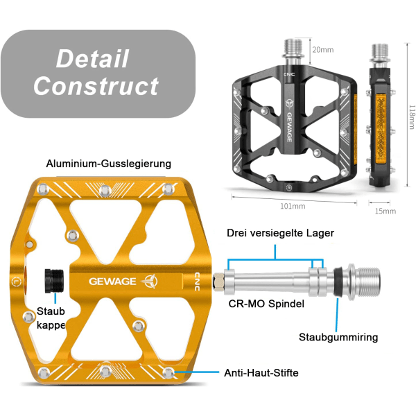 Bicycle Pedals with Reflective Strips, Non-Slip CNC Aluminum Bicycle Platform, 9/16" Pedals for Road Bike, MTB, E-Bike