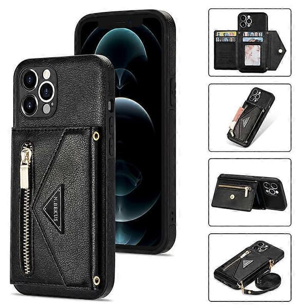 Etui til iPhone 13 Mini Sort Crossbody Læder Multifunktionel Lynlås Pung No6605 A