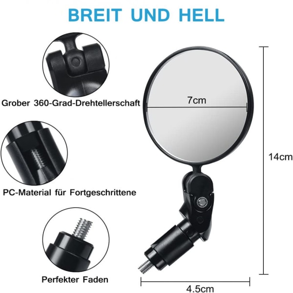 Pakke med 2 stk 360° cykelspejl bakspejle, universal sikkert bakspejl til 17,4 mm - 22 mm, robust, skruet spejl, cykelstyr