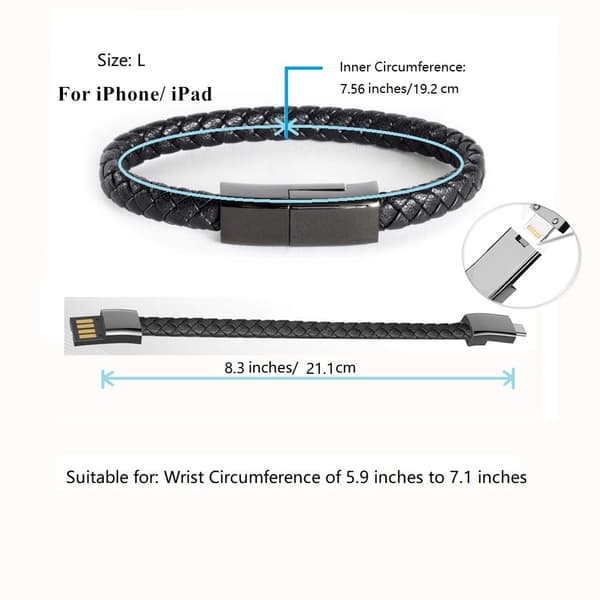 USB Kabel Armbånd Kort Bærbar Læder Oplader (L/M)