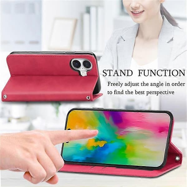 Kompatibel med iPhone 16 Plus fodral Hudkänsla Läder Plånboksfodral Magnetisk AbsorptionRöd
