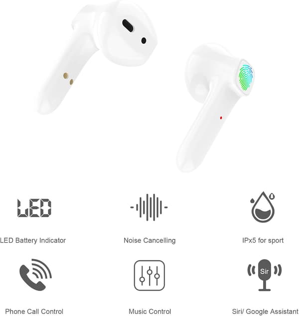 Bluetooth-øretelefon 5.0, HD Stereo Avspilling Trådløs Øretelefon Trådløst Headset med Mikrofon, Berøringskontroll Bluetooth-headset for iPhone Android Smartphone