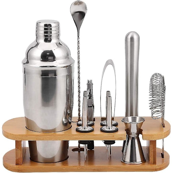 Bästa presentvalet för cocktailkännaren, stilren bambuställsorganisatör med fläckfria rostfria verktyg, komplett cocktailkit för