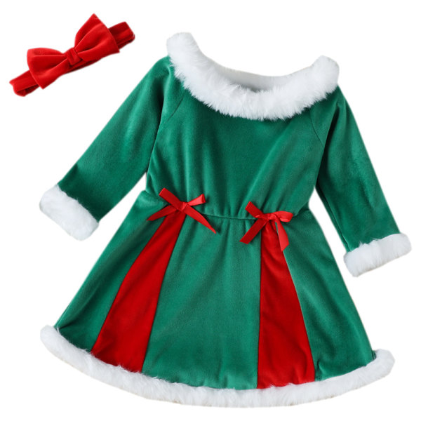 Tjejer långärmad enaxelklänning Barns julklänning green 100cm