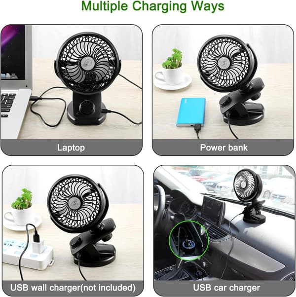 Mini Bordventilator, Clip-ventilator med 90° Auto Rotation 360° Rotation, USB-ventilator med Diffuserfunktion til Hjemmekontor Bil Barnevogn (3600 mAh Batteri)