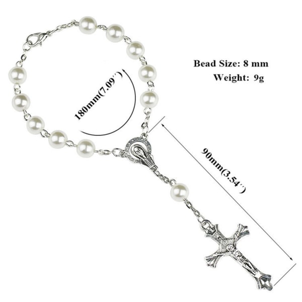 Katolsk rosenkransarmbånd hvit imitert perle Kristuskors