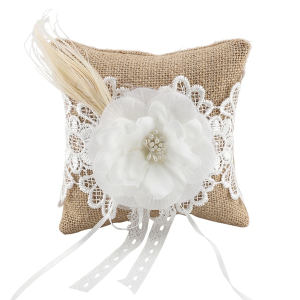 Ringkudde med ficka, rustik ringkudde i säckväv med spetsrosettblomma för bröllopstillbehör, pärlbroderad, 15cm*15cm