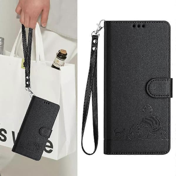 Etui til iPhone 15 Plus kortholder støtteben kat RFID pung flip cover sort