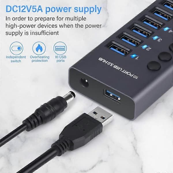 Høyhastighets 4/10-ports USB3.0 HUB-adapterutvider Multi-port USB-splitter Flere
