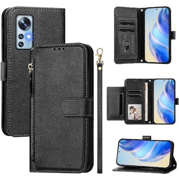 Flip-etui til Xiaomi 12S 5G Lynlås Kortholder PU Læder Magnetisk Sort