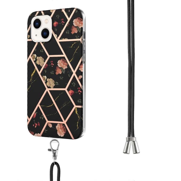 For iPhone 14 Galvanisering Skjøting Marmor Blomstermønster TPU Støtsikkert Deksel med Snor