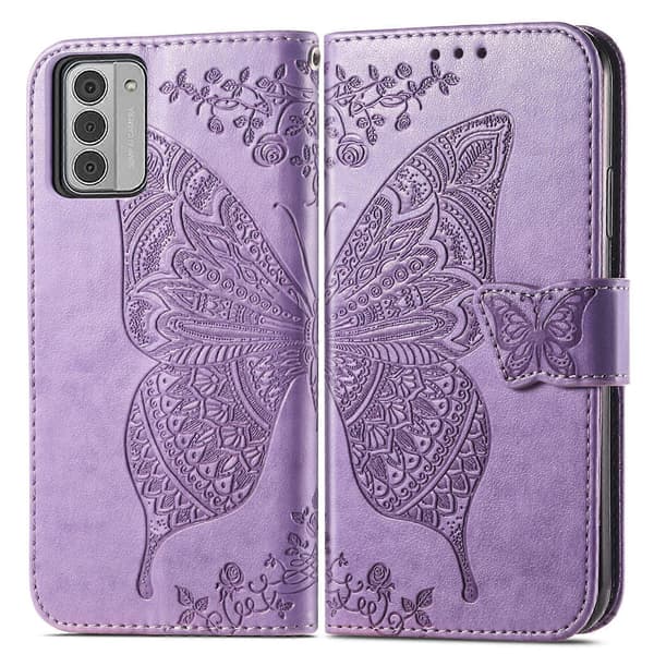 Fjäril Kärlek Blomma Präglad Läder Telefonfodral För Nokia G42