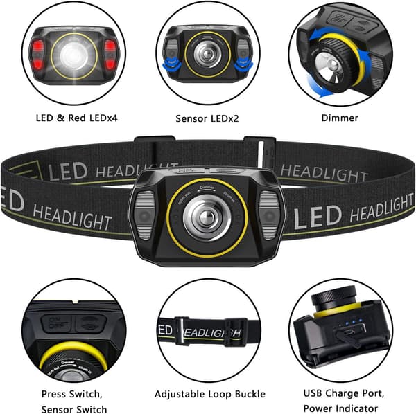 LED Hodelykt, Zoombar Lett Sensor USB Oppladbar Hodelykt, Kraftige Vanntette Hodelykter for Camping, Sykling, Klatring, Jakt,