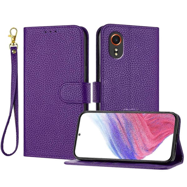 För Samsung Galaxy Xcover7 Läderfodral Litchi Textur Plånboksställ Anti Drop Telefonfodral med handledsrem