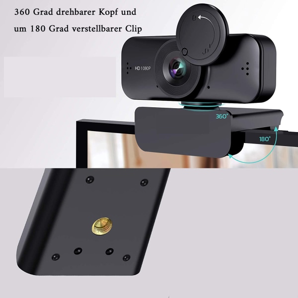 Webcam med mikrofon, Full HD 1080P webcam med cover til videostreaming, online lektioner, konference, fungerer med Skype, Zoom, Facetime