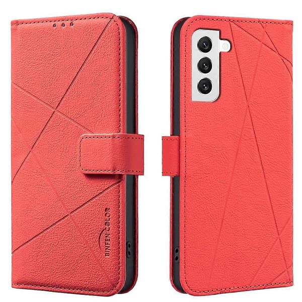 Geometrisk mønster RFID læder telefoncover (rød, til Samsung Galaxy S21 5G)