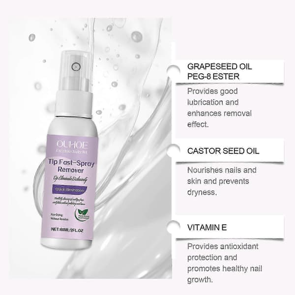 Neglelimfjerner Spray til Press-on Negle, Hurtig Fjernelse, 60 ml Gel Neglelimsfjerner, Hurtig Sprayfjerner til Tipper A
