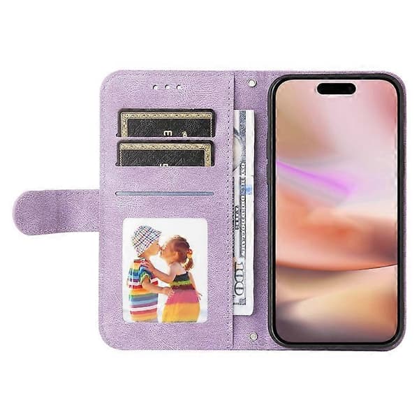 Kompatibel til iPhone 16 Plus etui pung læder telefoncover med magnetisk lås lilla