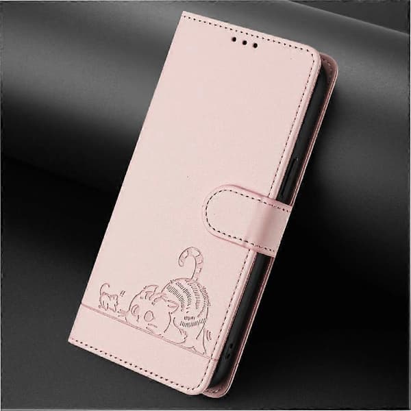 Fodral för iPhone 15 Plus Kortplats Hållare Stöd Katt RFID Plånbok Flipskydd Rosa