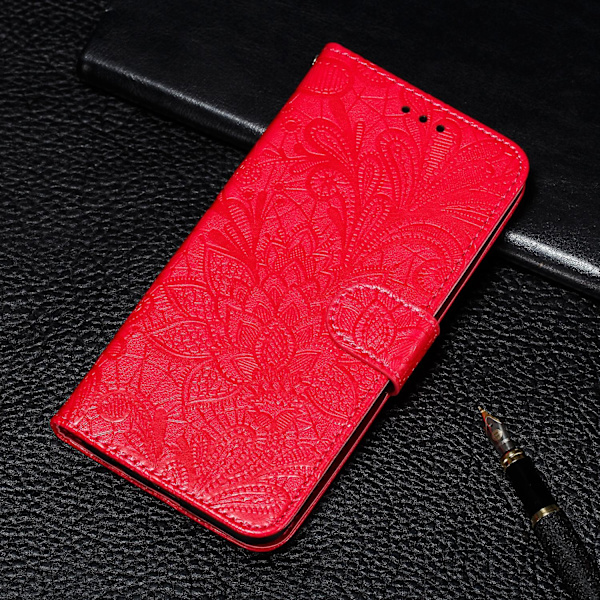 För Xiaomi Redmi Note 10 Pro Spetsblomma Läderfodral Röd