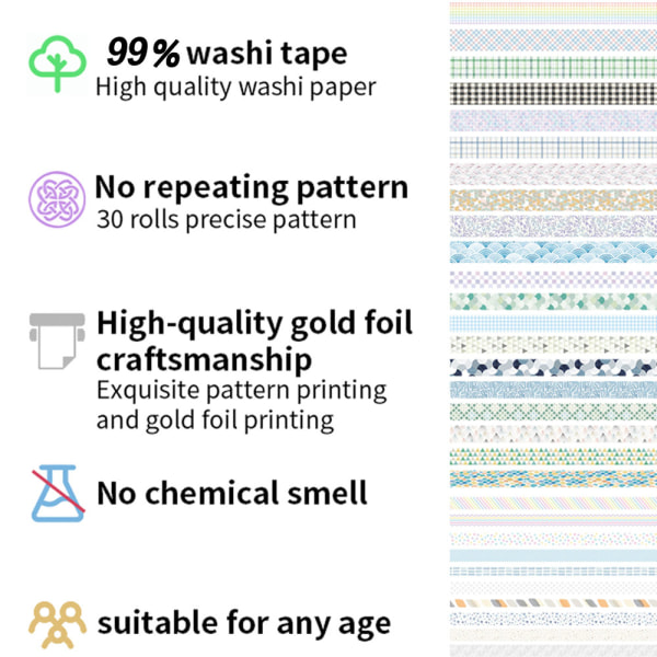 30 ruller med tape, søt maskeringstape for utklippsbok, bullet journal,