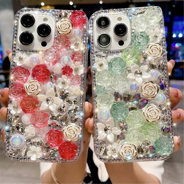 Kompatibel med iPhone 15 Pro Max Stötsäkert Fodral Ros Strass Dekor Anti-fall TPU Telefonfodral A