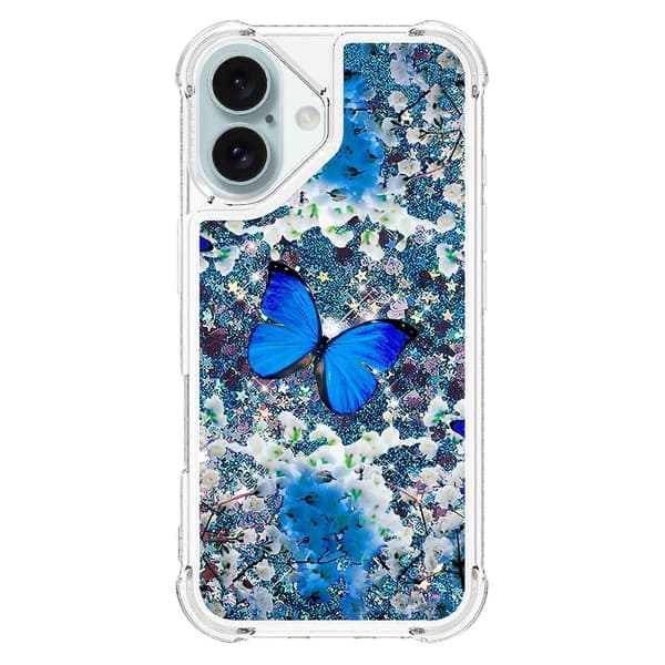 For iPhone 16 Plus TPU-deksel med kvikksand og mønstertrykt blå sommerfugl