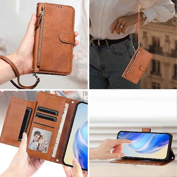 Flipfodral för Blackview Wave 6C Dragkedja PU-läder Magnetisk Korthållare Brun