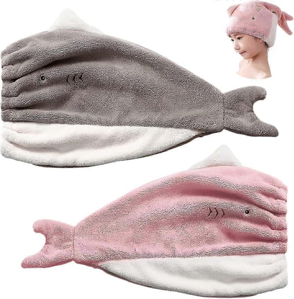2-pak mikrofiberhårhåndklæde – superabsorberende hurtigtørrende turban til vådt hår med sødt broderi (grå og pink) A