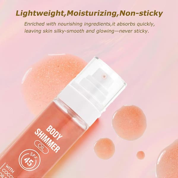 SPF 45 Shimmer Sololie til kroppen med rosaguldglød, vandfast kokosfugt til kroppen A