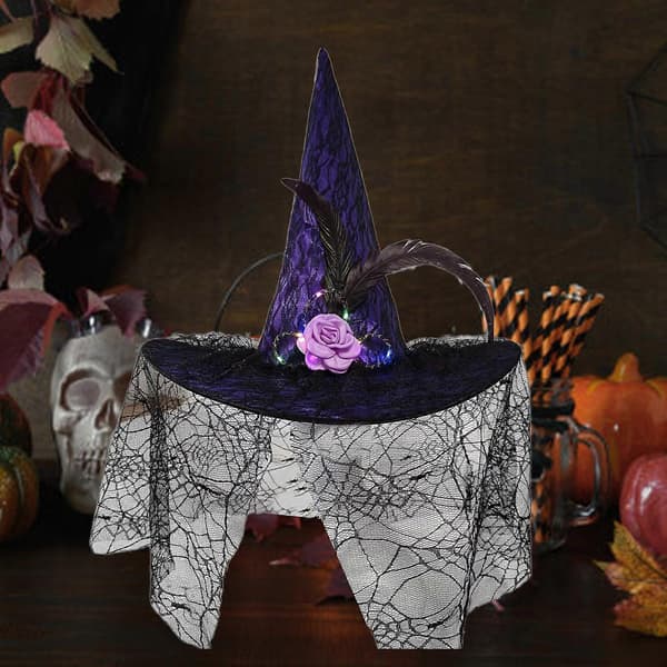 Lysende heksehat Halloween kostume tilbehør til Halloween fest slør fjerhat elegant hovedbeklædning til maskerade lilla A