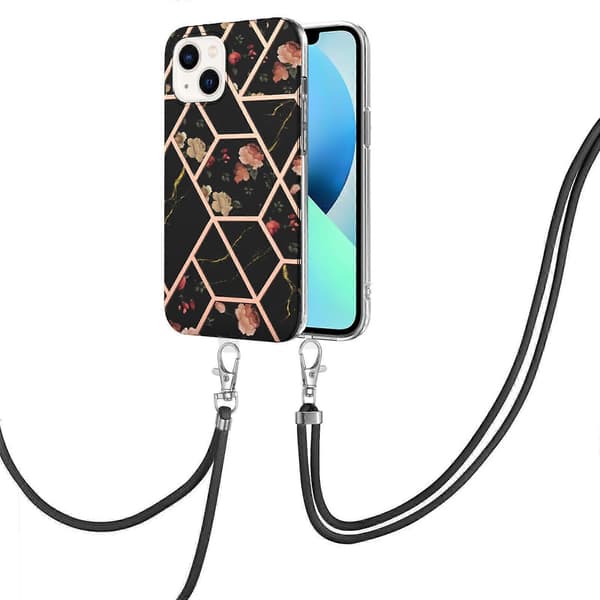 For iPhone 14 Galvanisering Skjøting Marmor Blomstermønster TPU Støtsikkert Deksel med Snor