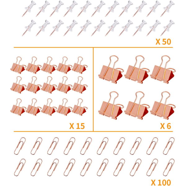 Sett med bindersklips, trykknåler og bindersklips, sklisikre kartnåler