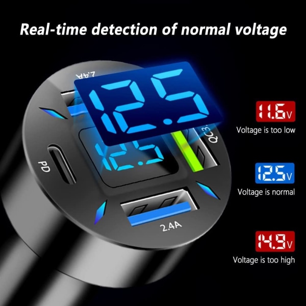 4-i-1-billaddare för bil Supersnabb laddning med USB 2.4A&QC 3.0(Volt