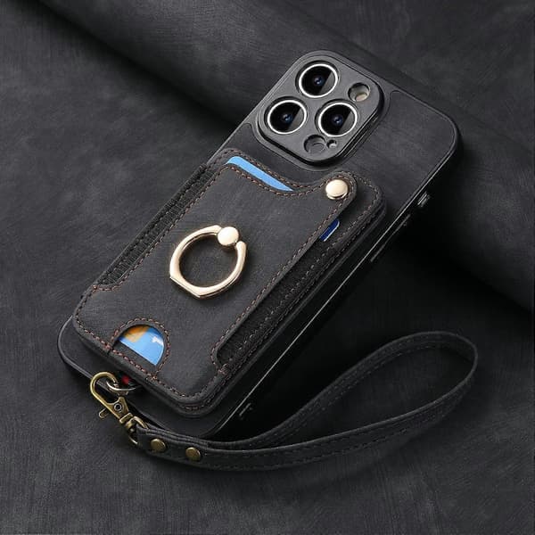 Etui til iPhone 13 Mini sort med læderrem, tyverisikring, børstering, spænde, rem, multifunktion nr. 6854 A